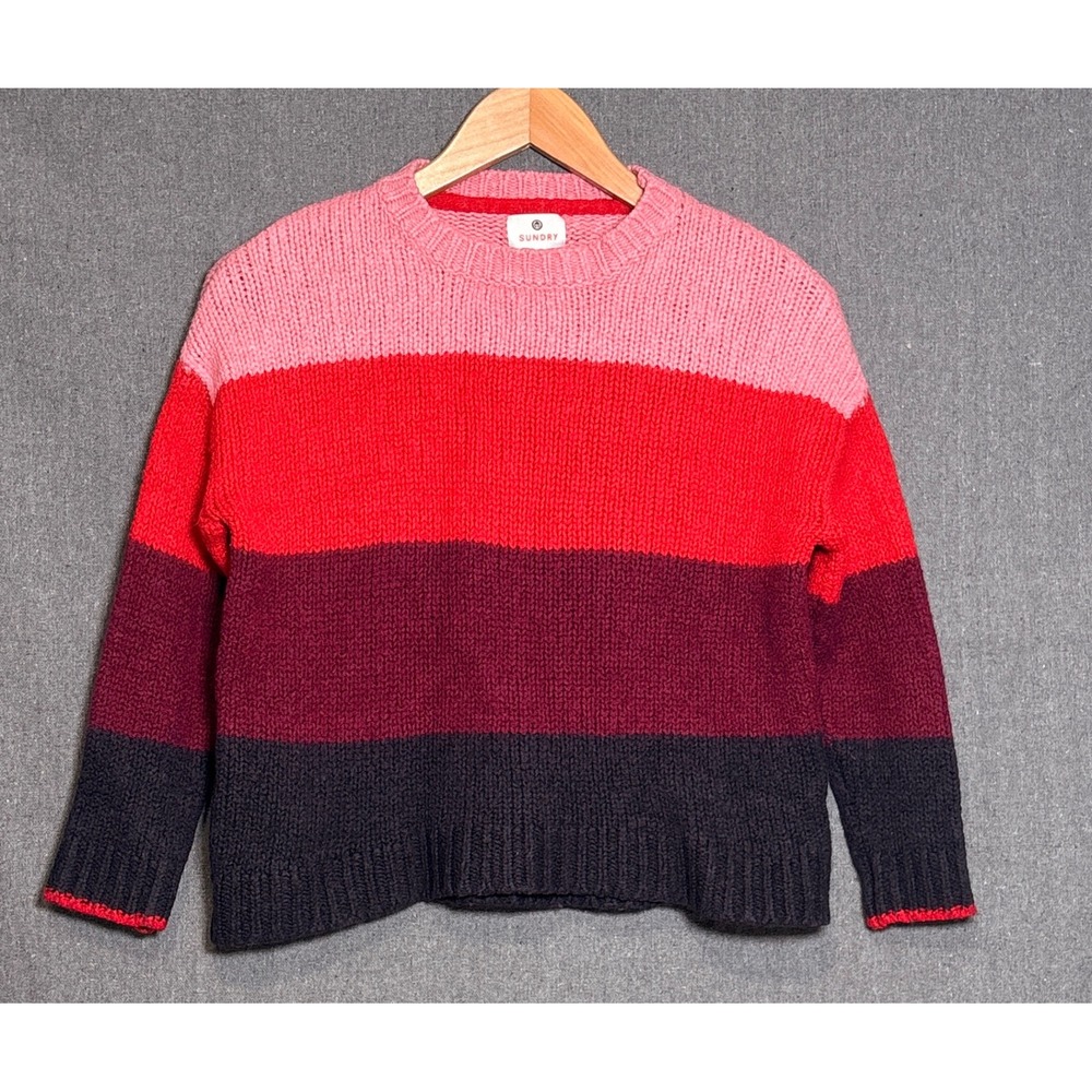 Sundry Women Colorblock Wool Blend Chunky Knit Sweater Pink Red Stripe Size 0 XS